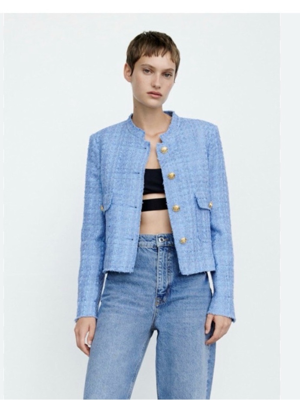 Zara Light Blue Tweed Cropped Jacket with Gold Buttons